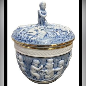 Vintage Blue Capodimonte Porcelain Lidded Bowl Cherub Angels for Trinkets etc..